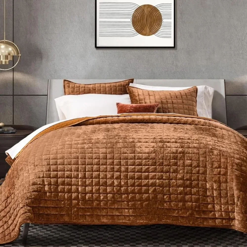 Rust Amber Velvet Queen Quilt Set Coverlet Luxury Bedding Comforter Shams NEW